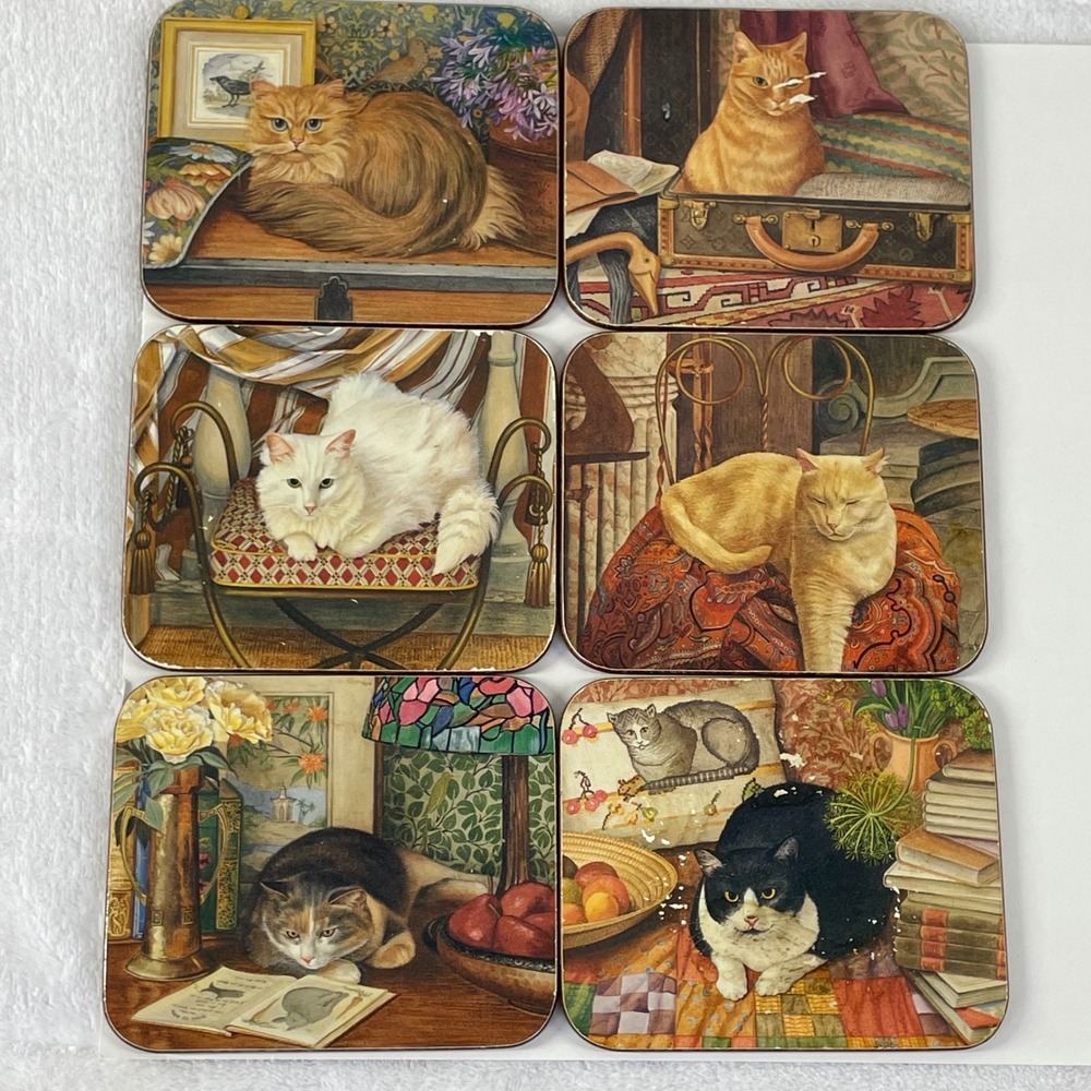 Vintage Cat Art Coasters Set of 6 Cork Backed Square Tuxedo Ginger White Cats